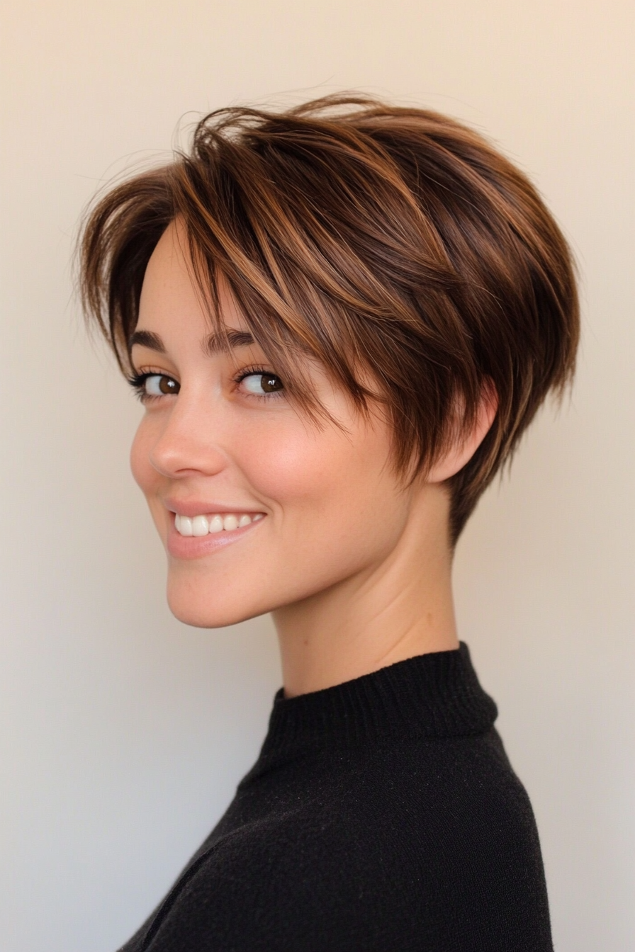 27. Brunette Pixie Bob with Subtle Highlights (Pixie Bob Haircut Ideas) - Pixie Bob Haircut Ideas