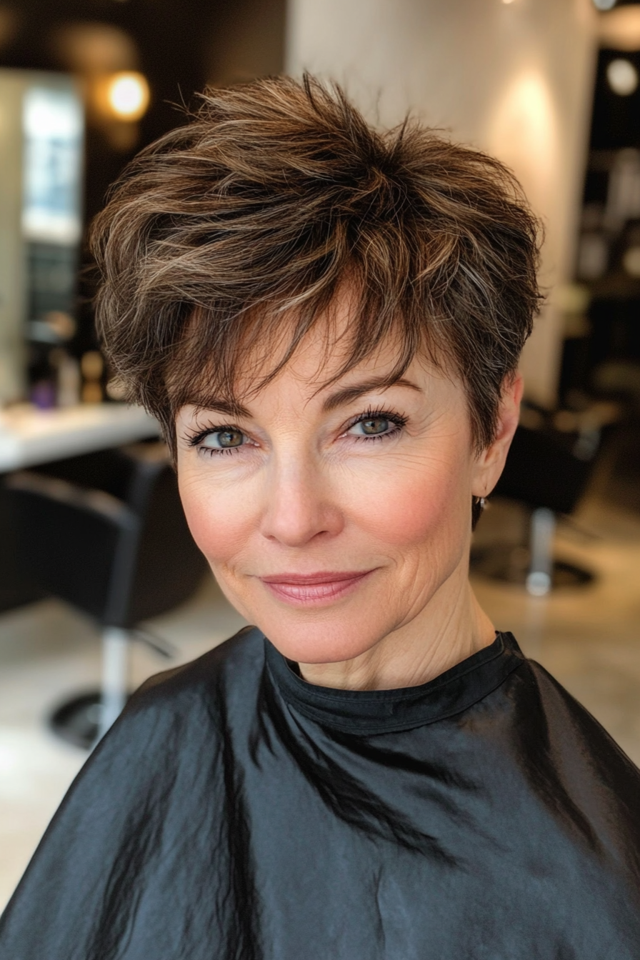 5. Tousled Pixie with Bangs - Ash Brown (Short Pixie Haircuts For Women Over 60) - Short Pixie Haircuts For Women Over 60