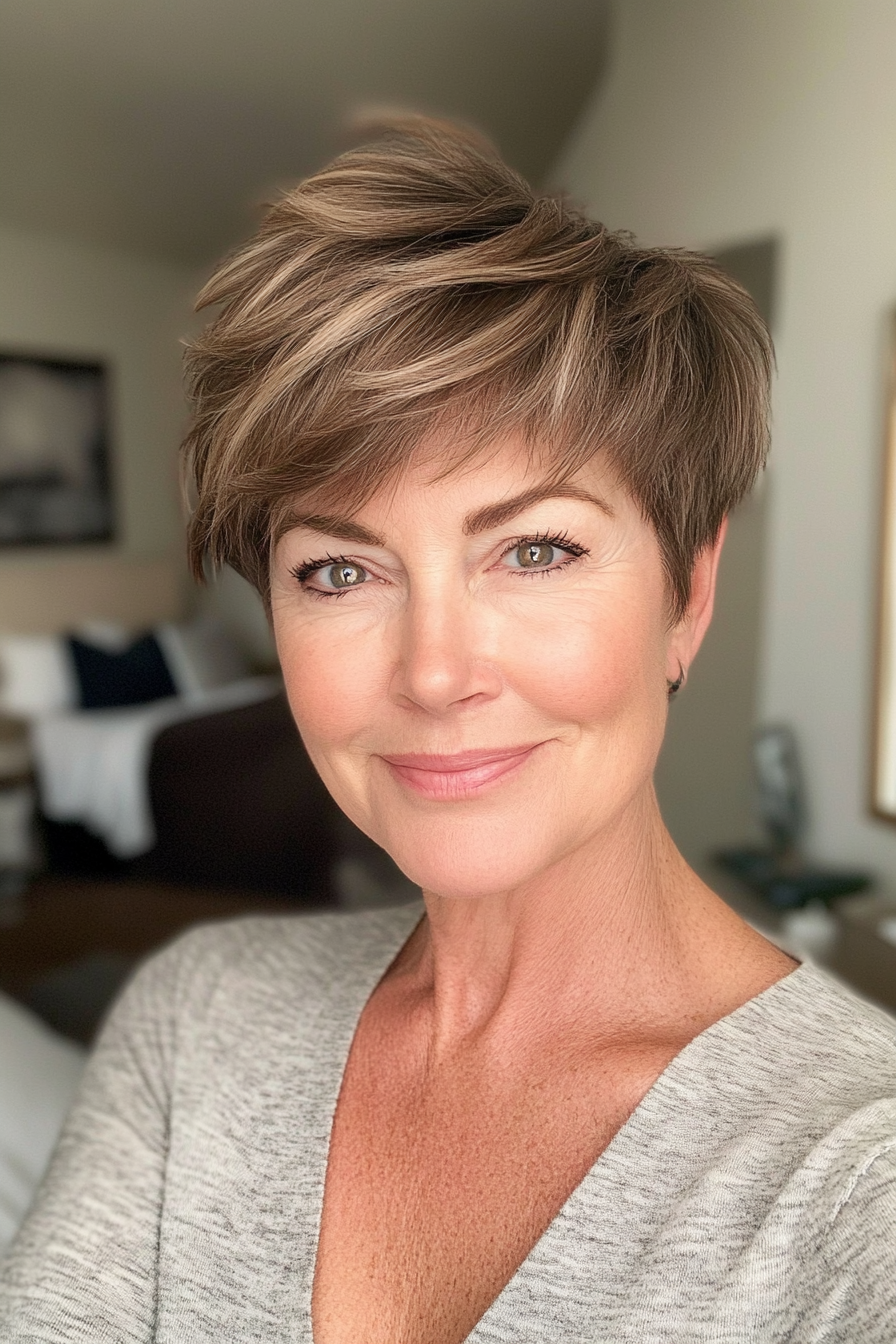 7. Feathered Pixie with Side Swept Fringe - Light Brown (Short Pixie Haircuts For Women Over 60) - Short Pixie Haircuts For Women Over 60