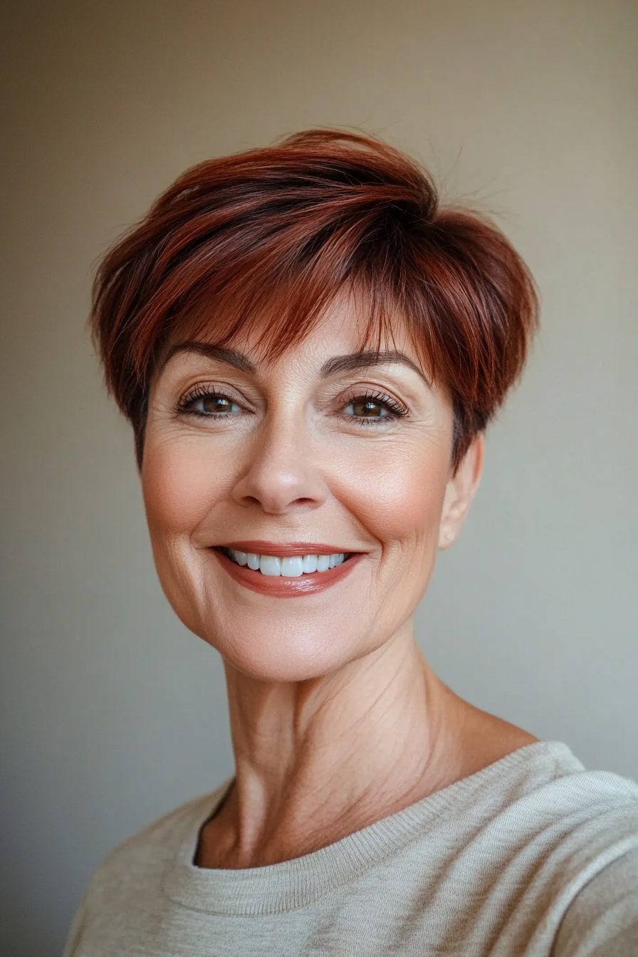 11. Sleek Pixie with Underneath Layers - Dark Auburn (Short Pixie Haircuts For Women Over 60) - Short Pixie Haircuts For Women Over 60