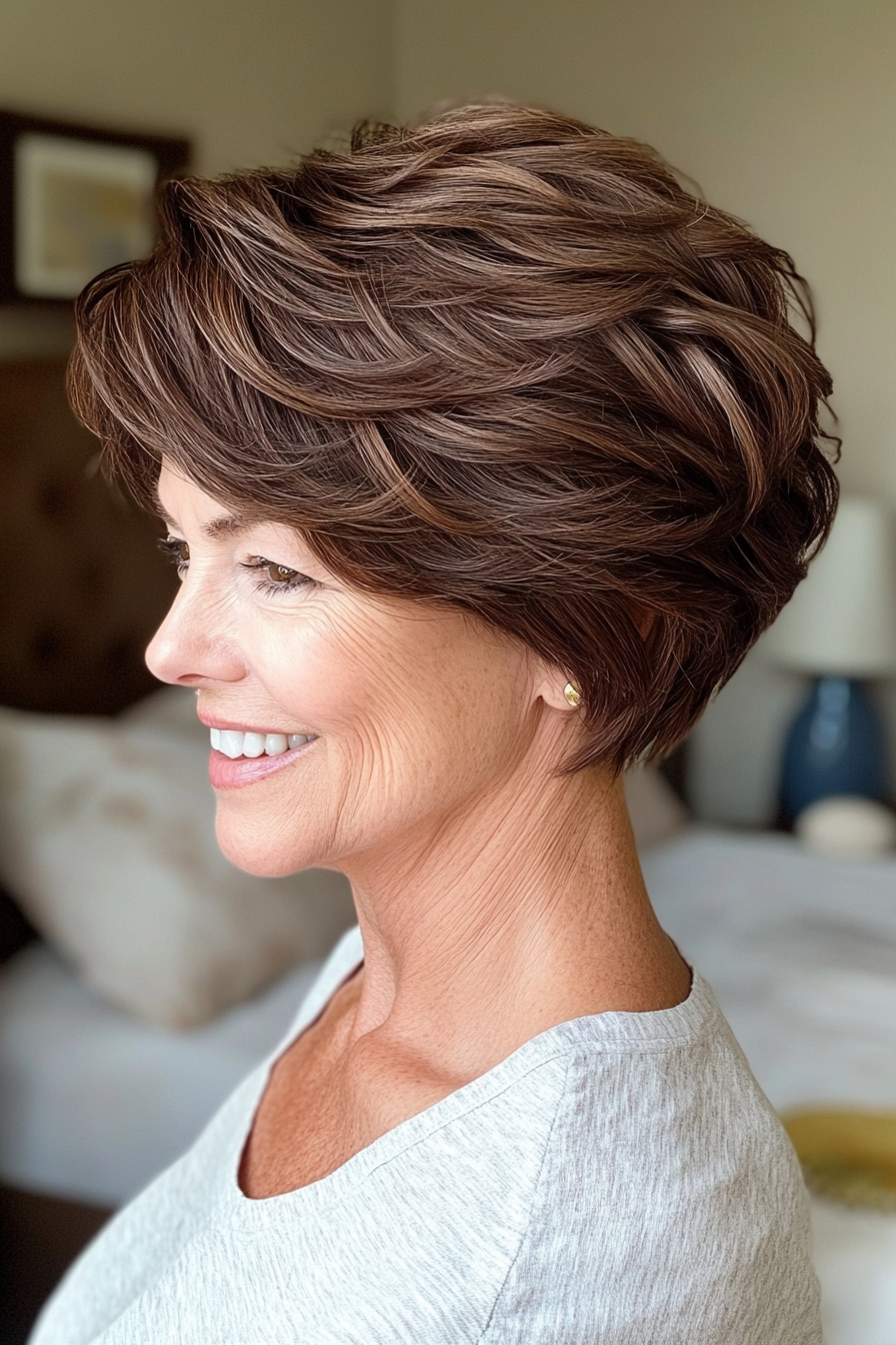 14. Layered Pixie with Soft Waves - Chocolate Brown (Short Pixie Haircuts For Women Over 60) - Short Pixie Haircuts For Women Over 60