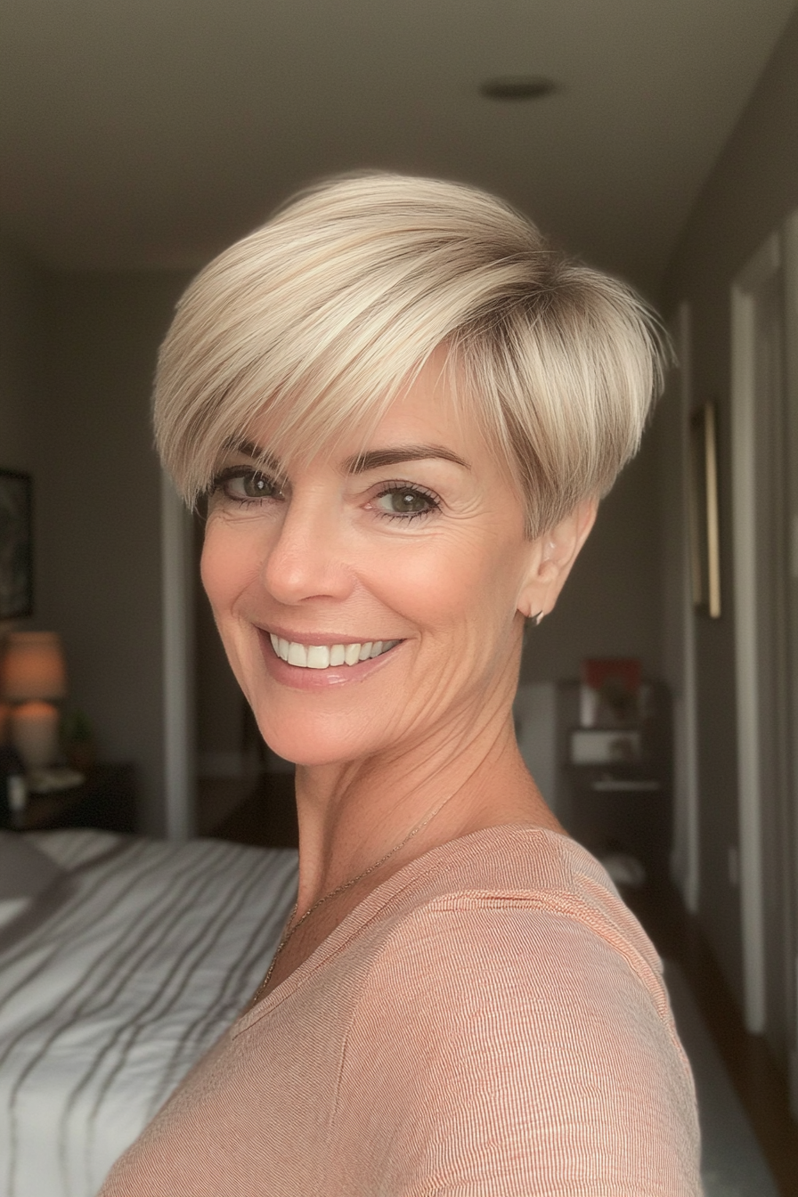 17. Blunt Cut Pixie with Side Bangs - Dark Blonde (Short Pixie Haircuts For Women Over 60) - Short Pixie Haircuts For Women Over 60