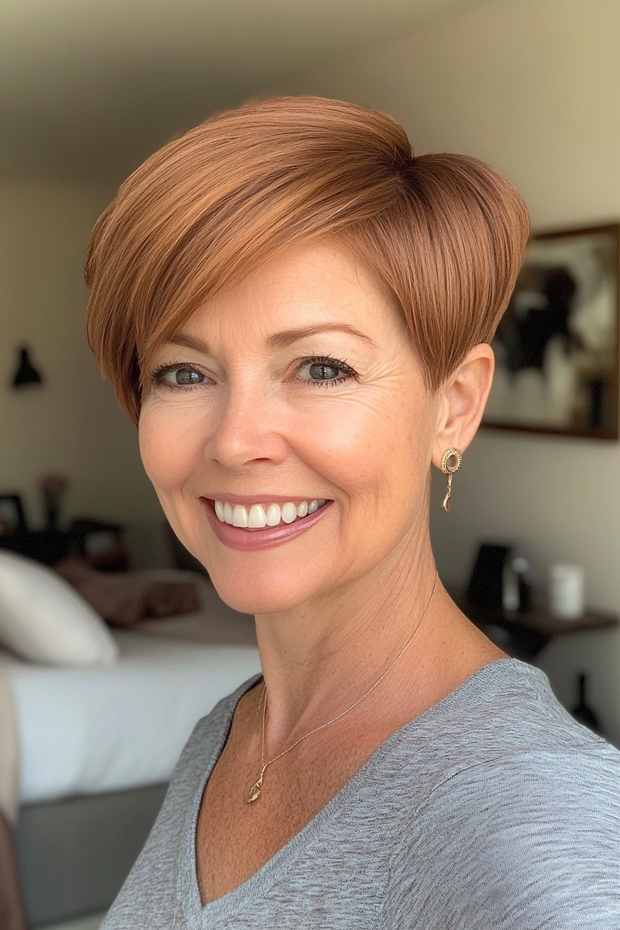 23. Sleek Side-Parted Pixie - Caramel Brown (Short Pixie Haircuts For Women Over 60) - Short Pixie Haircuts For Women Over 60