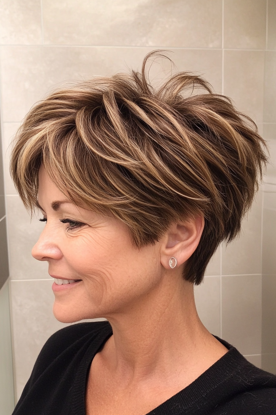 4. Layered Pixie with Highlights (Medium Brown with Caramel Highlights) (Short Pixie Haircuts For Older Women) - Short Pixie Haircuts For Older Women