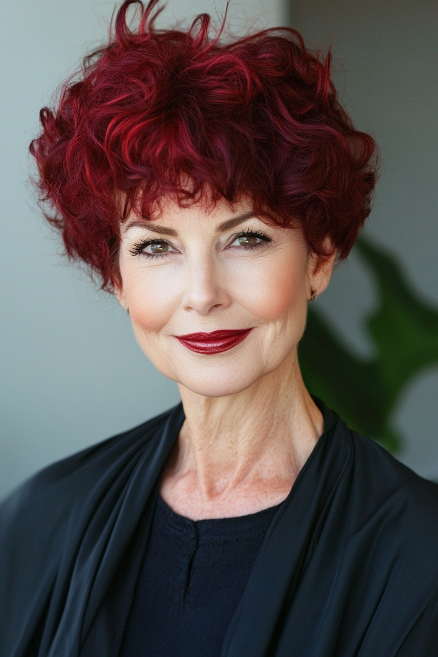 9. Curly Pixie with Voluminous Top (Dark Red) (Short Pixie Haircuts For Older Women) - Short Pixie Haircuts For Older Women