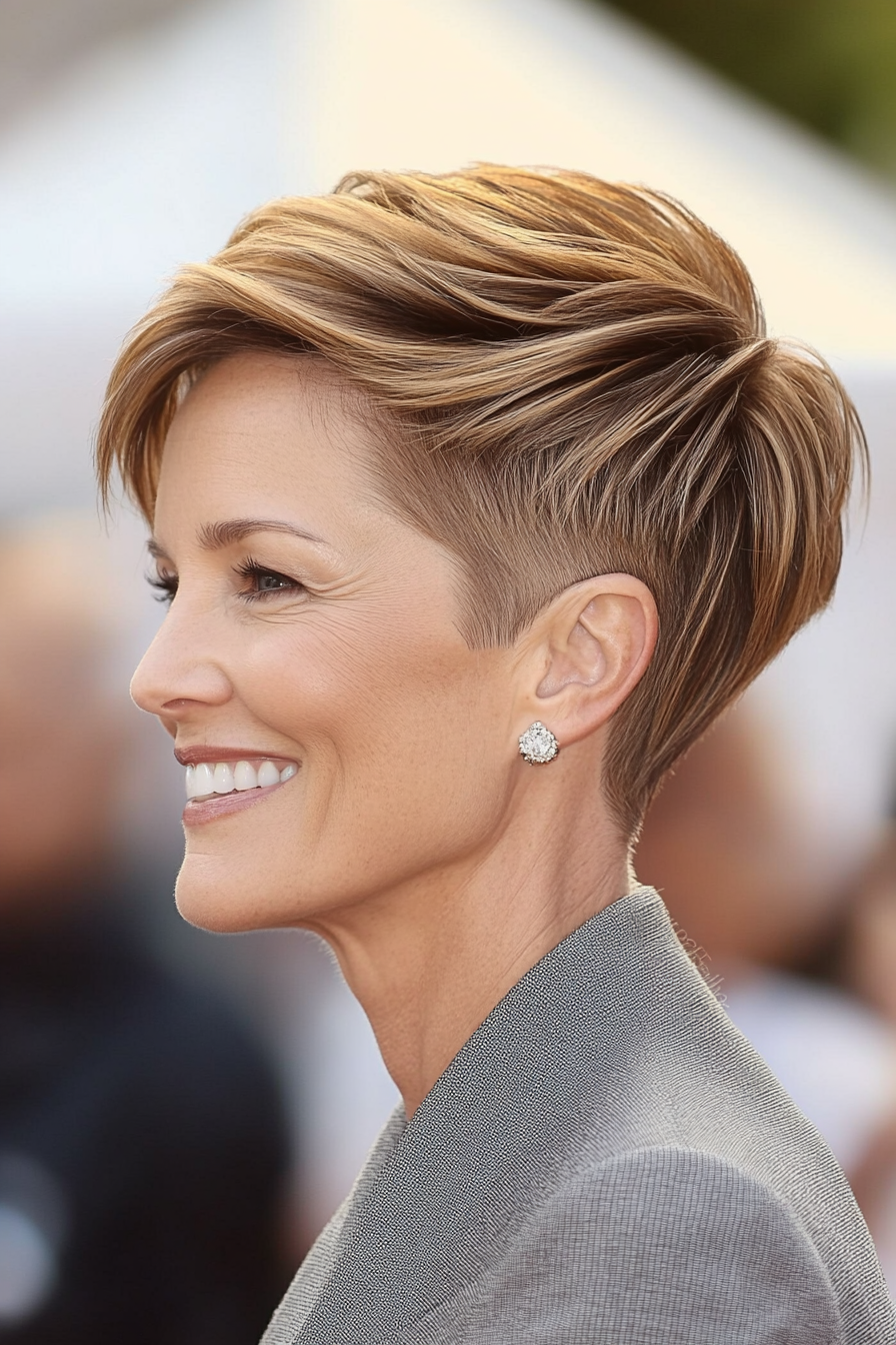 11. Modern Pixie with Tapered Neck (Light Brown with Golden Highlights) (Short Pixie Haircuts For Older Women) - Short Pixie Haircuts For Older Women