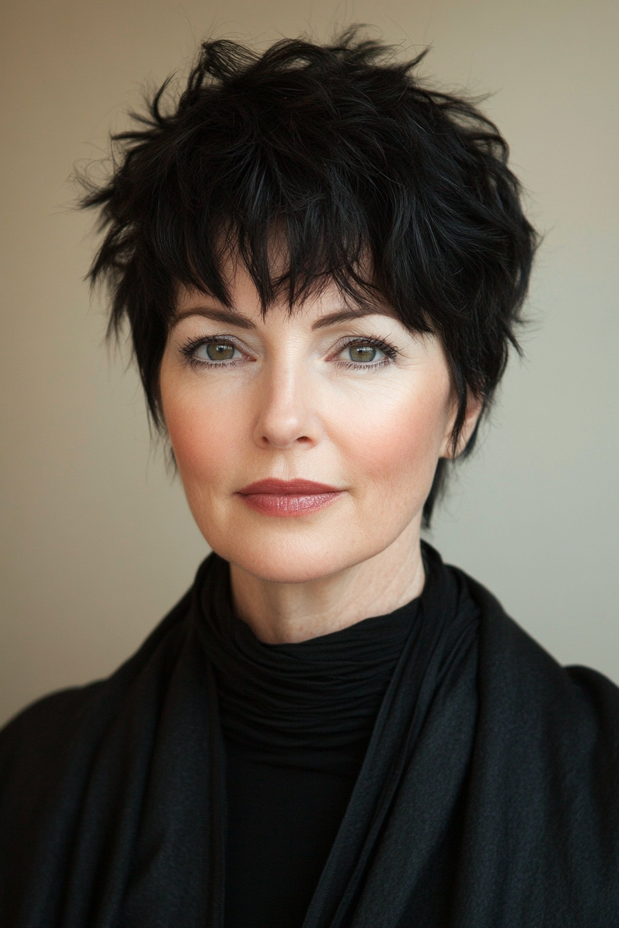 16. Layered Pixie with Wispy Fringes (Soft Black) (Short Pixie Haircuts For Older Women) - Short Pixie Haircuts For Older Women