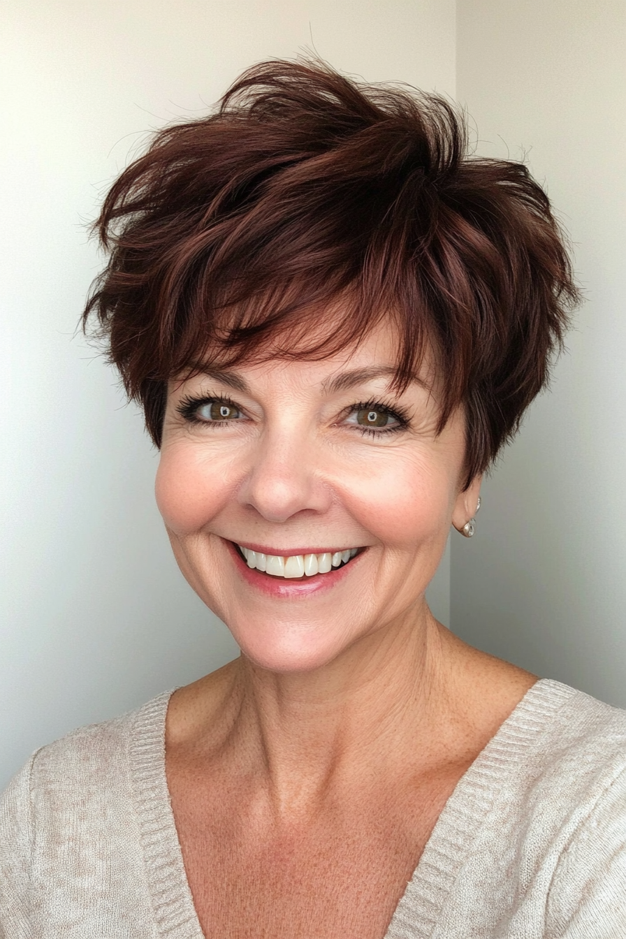 17. Tousled Pixie with Choppy Ends (Dark Auburn) (Short Pixie Haircuts For Older Women) - Short Pixie Haircuts For Older Women