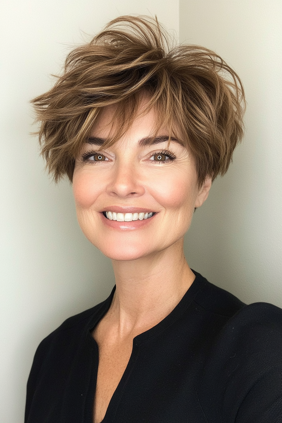 22. Voluminous Pixie with Fluffy Texture (Medium Brown) (Short Pixie Haircuts For Older Women) - Short Pixie Haircuts For Older Women