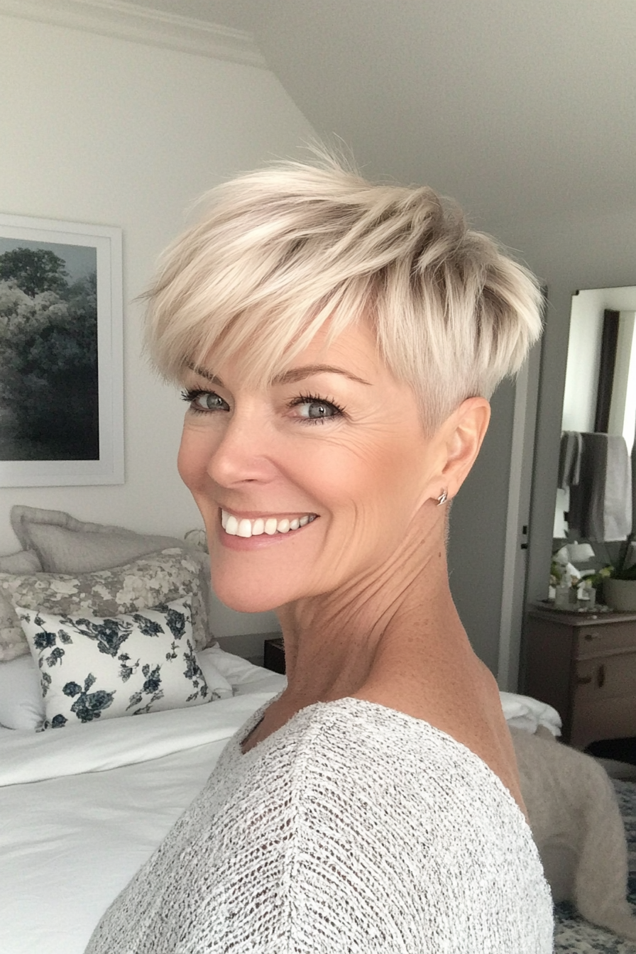 23. Short Pixie with Tousled Back (Light Blonde with Ash Highlights) (Short Pixie Haircuts For Older Women) - Short Pixie Haircuts For Older Women