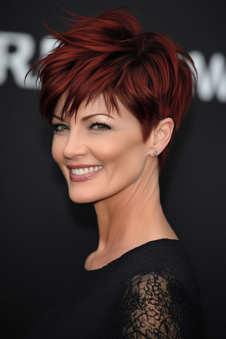 25. Edgy Pixie with Stacked Layers (Dark Red) (Short Pixie Haircuts For Older Women) - Short Pixie Haircuts For Older Women