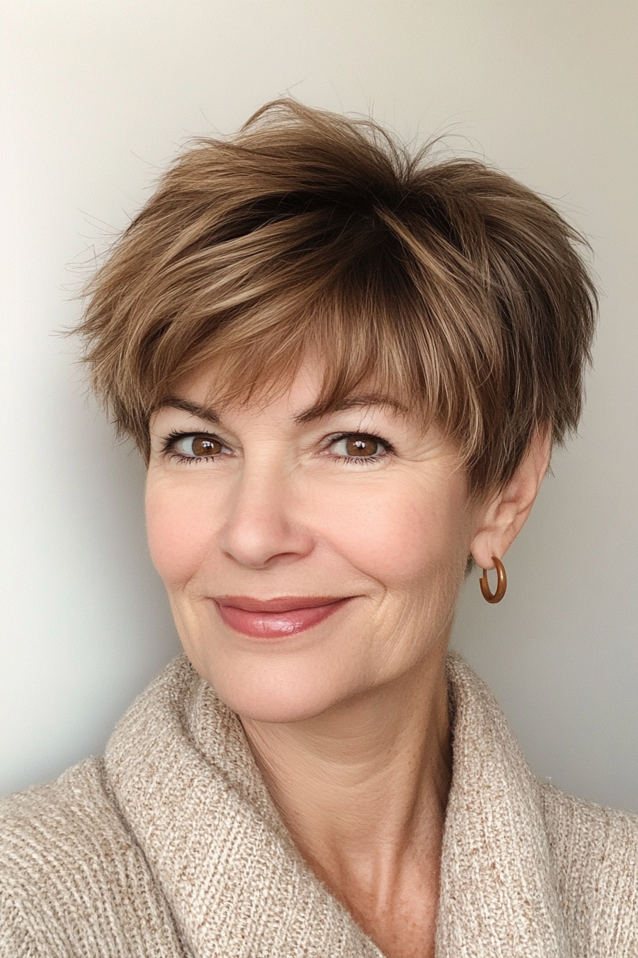 26. Layered Pixie with Soft Fringes (Brown with Caramel Highlights) (Short Pixie Haircuts For Older Women) - Short Pixie Haircuts For Older Women
