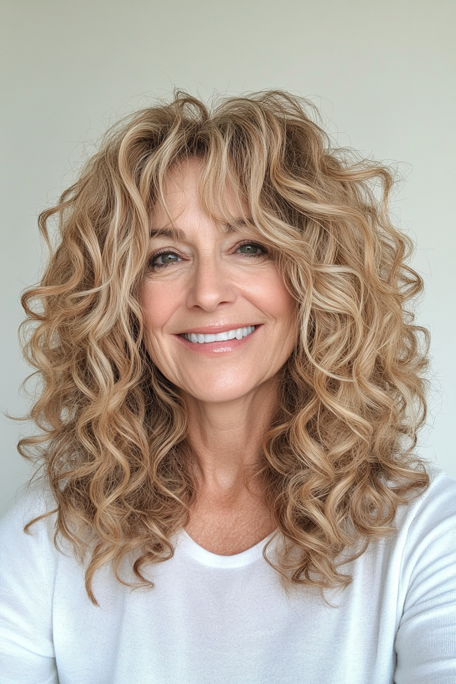 1. Soft Layered Curls with Honey Blonde Highlights (Curly Hairstyles For Women Over 50) - Curly Hairstyles For Women Over 50