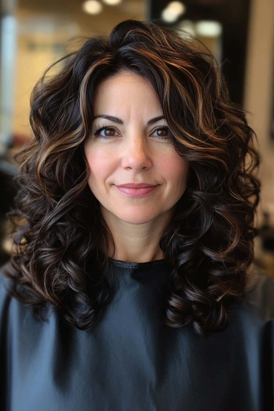 2. Mid-Length Bouncy Curls with Dark Brown Base (Curly Hairstyles For Women Over 50) - Curly Hairstyles For Women Over 50