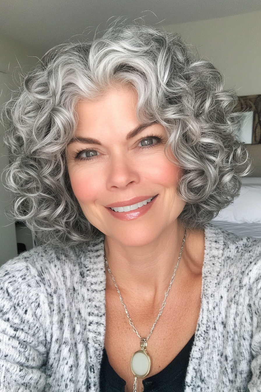 4. Short Curly Bob with Silver Highlights (Curly Hairstyles For Women Over 50) - Curly Hairstyles For Women Over 50