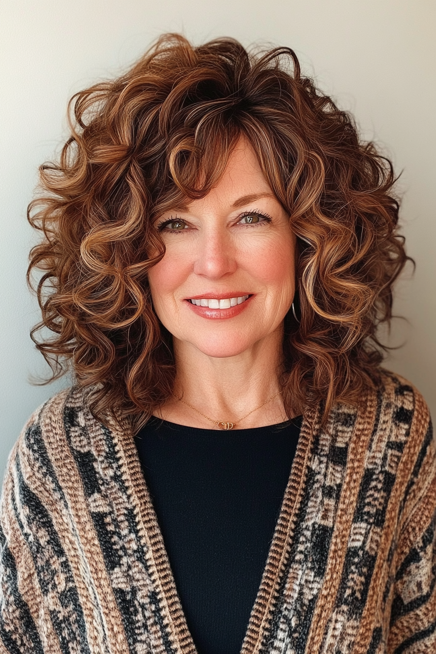 5. Medium-Length Curly Layers with Chestnut Brown (Curly Hairstyles For Women Over 50) - Curly Hairstyles For Women Over 50
