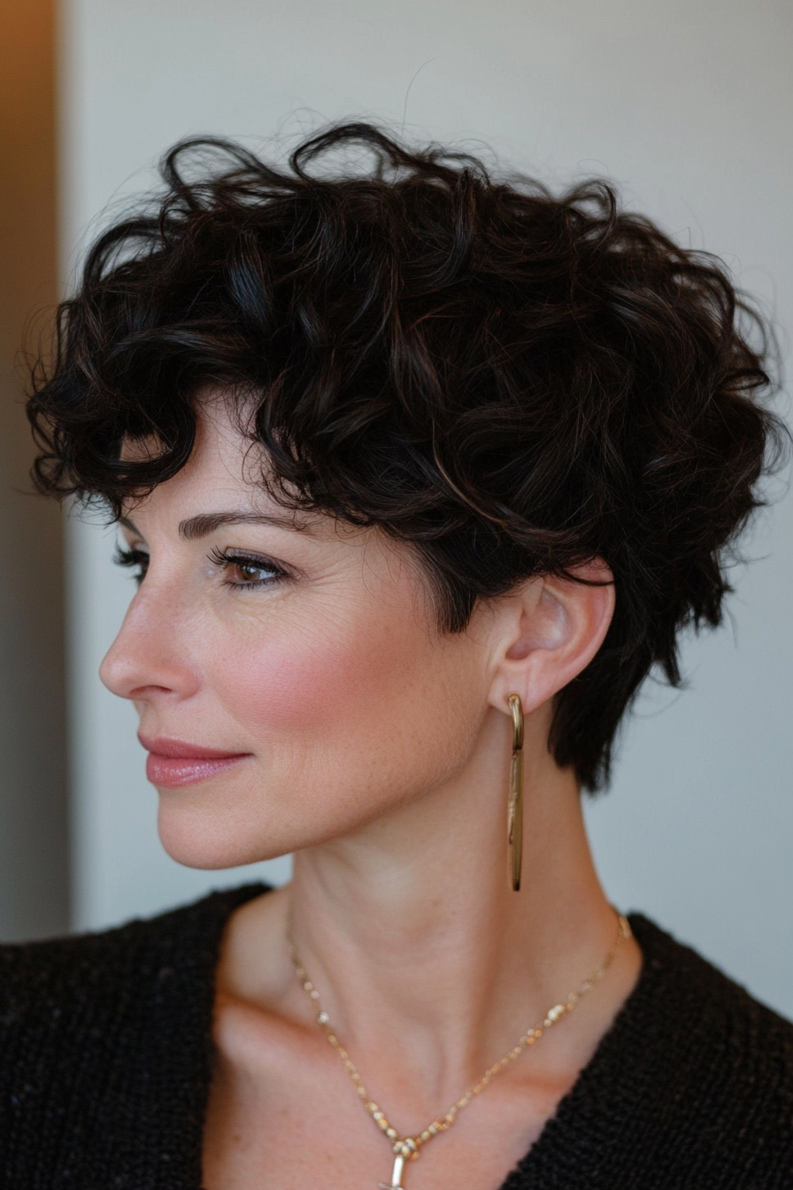 6. Curly Pixie Cut with Natural Black Curls (Curly Hairstyles For Women Over 50) - Curly Hairstyles For Women Over 50