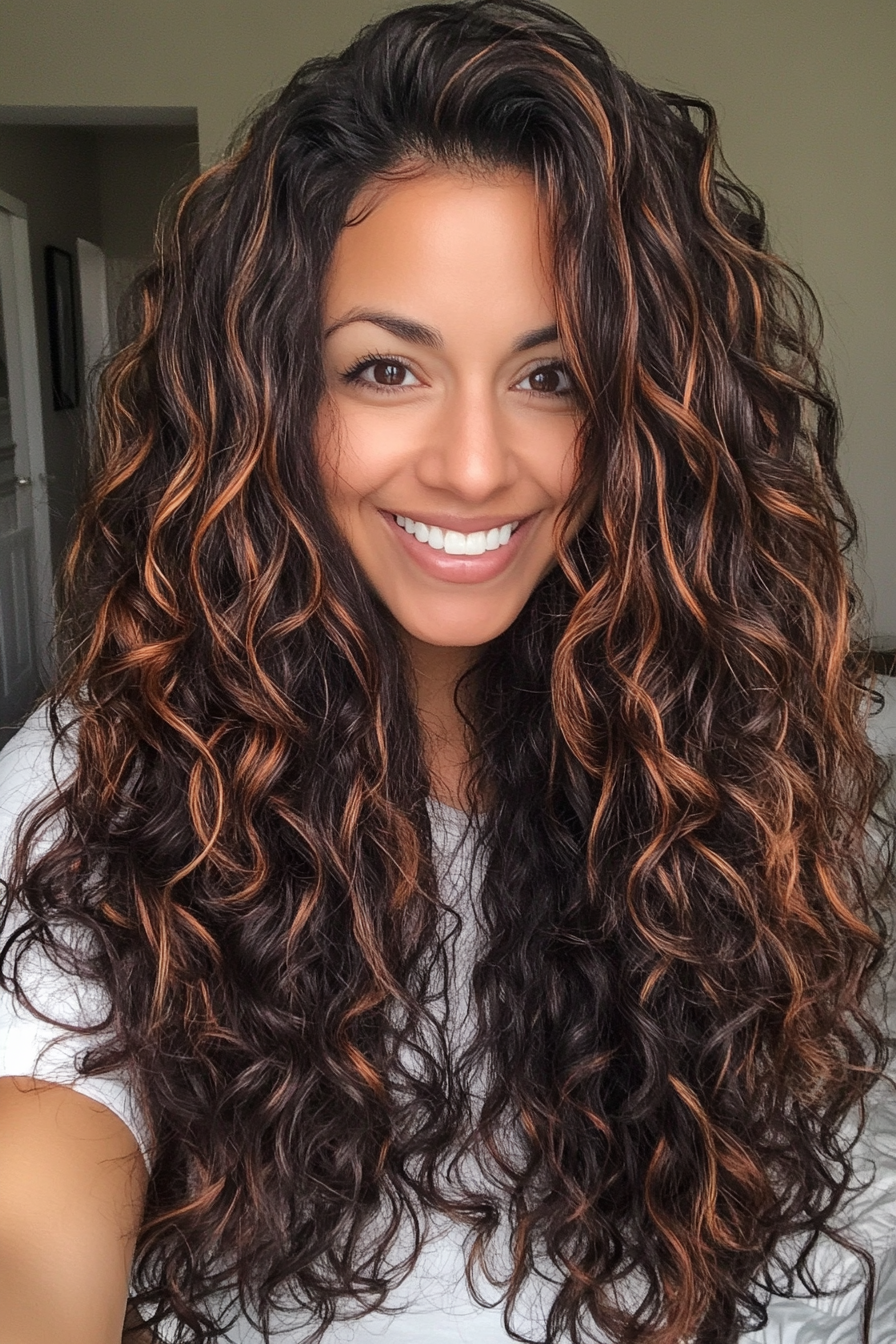 8. Long, Soft Curls with Auburn Highlights (Curly Hairstyles For Women Over 50) - Curly Hairstyles For Women Over 50