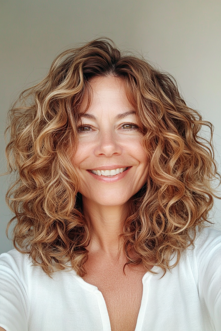9. Textured Curly Lob with Golden Brown (Curly Hairstyles For Women Over 50) - Curly Hairstyles For Women Over 50