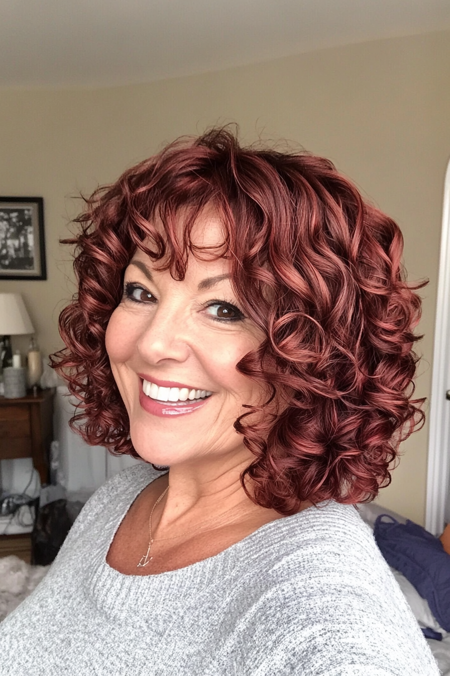 12. Curly Bob with Deep Red Undertones (Curly Hairstyles For Women Over 50) - Curly Hairstyles For Women Over 50