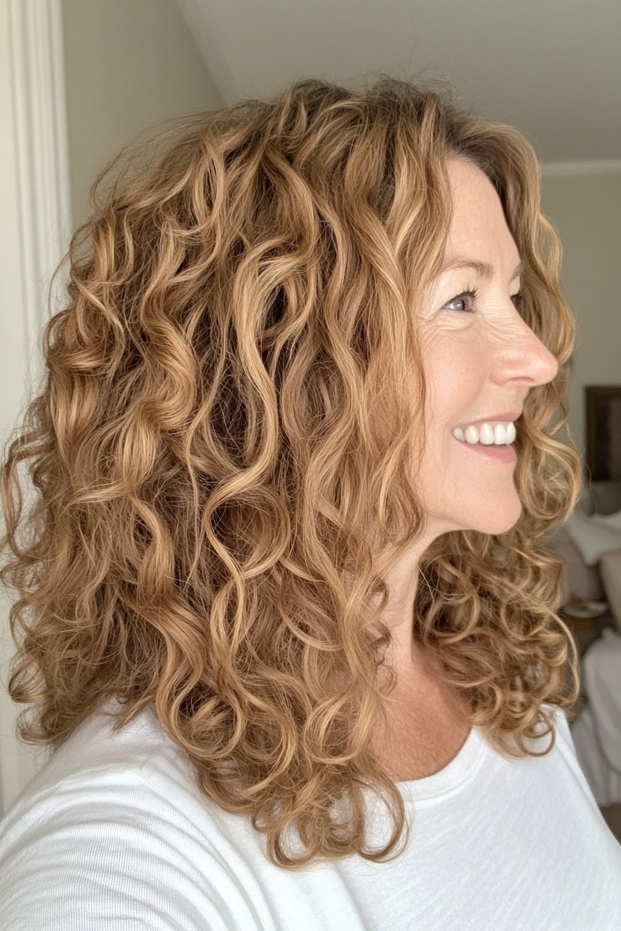 13. Loose Curly Waves with Warm Honey Brown (Curly Hairstyles For Women Over 50) - Curly Hairstyles For Women Over 50