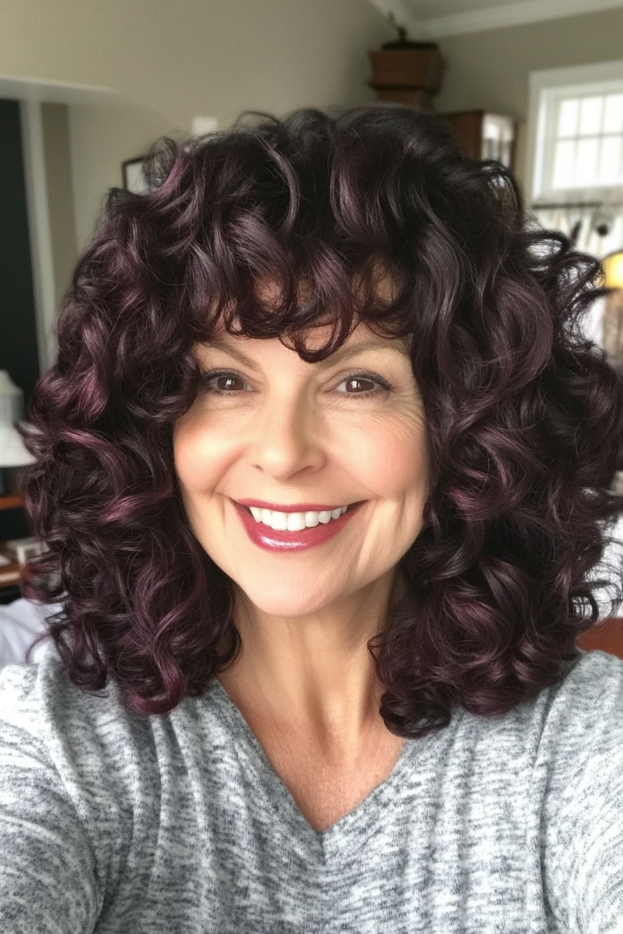 14. Curly Shag with Dark Plum Hue (Curly Hairstyles For Women Over 50) - Curly Hairstyles For Women Over 50
