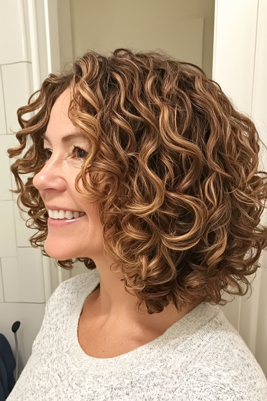 17. Curly Lob with Caramel and Dark Brown Mix (Curly Hairstyles For Women Over 50) - Curly Hairstyles For Women Over 50