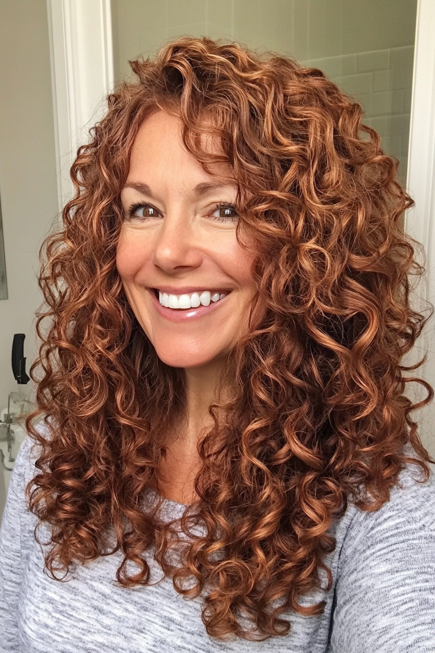 18. Soft Curly Curls with Copper Brown Highlights (Curly Hairstyles For Women Over 50) - Curly Hairstyles For Women Over 50