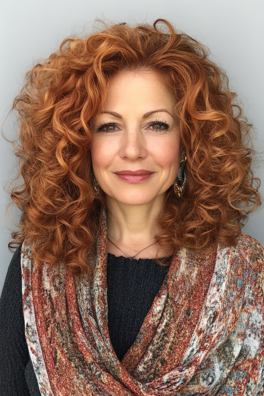 19. Medium-Length Curly Layers with Warm Copper (Curly Hairstyles For Women Over 50) - Curly Hairstyles For Women Over 50