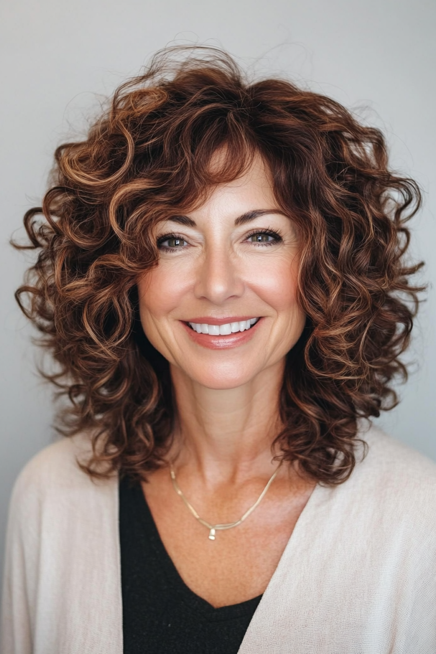 21. Classic Curly Shag with Warm Chestnut (Curly Hairstyles For Women Over 50) - Curly Hairstyles For Women Over 50