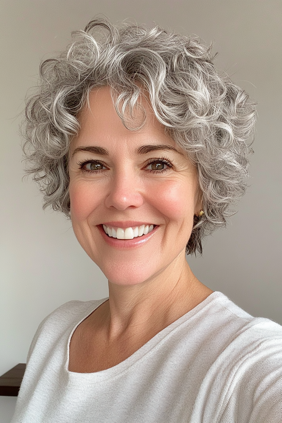 22. Textured Pixie Cut with Silver Gray Curls (Curly Hairstyles For Women Over 50) - Curly Hairstyles For Women Over 50