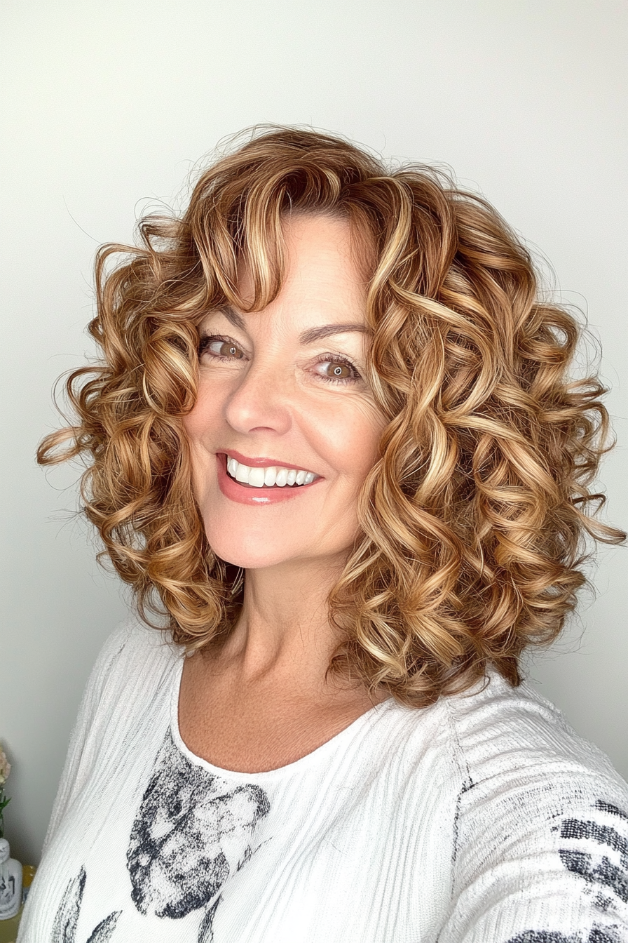23. Curly Bob with Balayage Blonde Highlights (Curly Hairstyles For Women Over 50) - Curly Hairstyles For Women Over 50