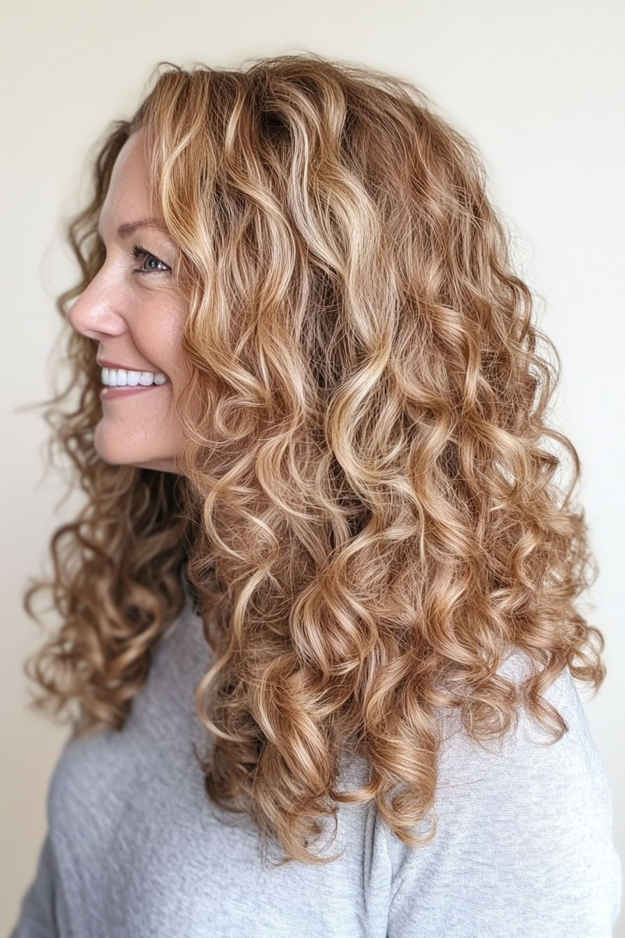 24. Long Curls with Soft Caramel Blonde (Curly Hairstyles For Women Over 50) - Curly Hairstyles For Women Over 50