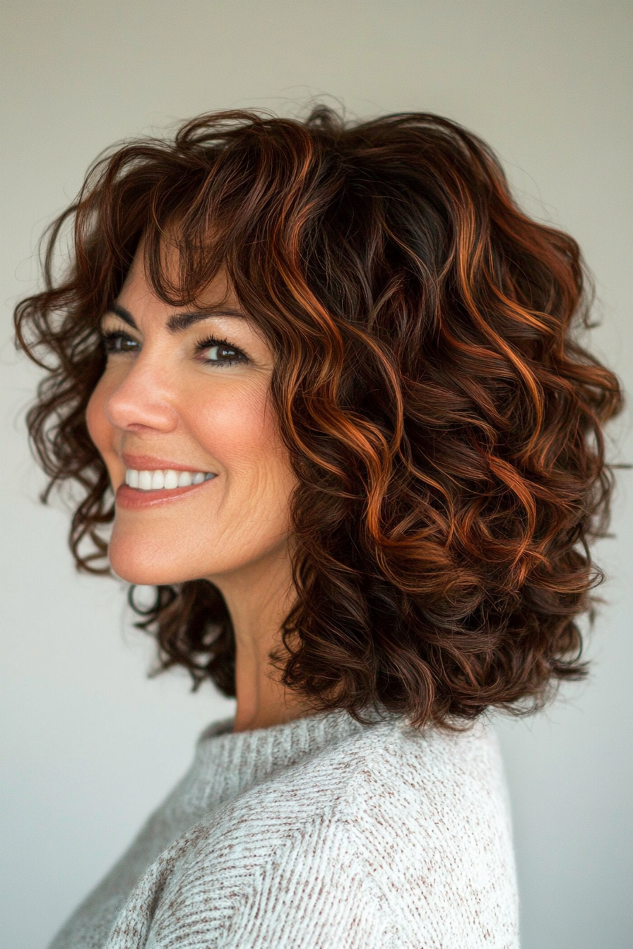 26. Curly Shag with Dark Auburn Highlights (Curly Hairstyles For Women Over 50) - Curly Hairstyles For Women Over 50