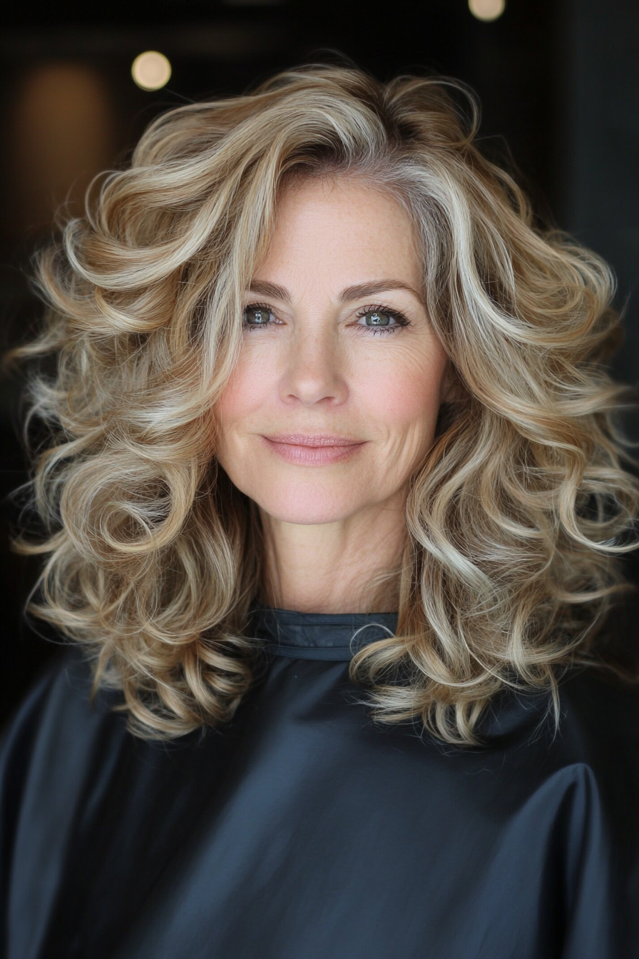 27. Medium Curls with Subtle Blonde Streaks (Curly Hairstyles For Women Over 50) - Curly Hairstyles For Women Over 50