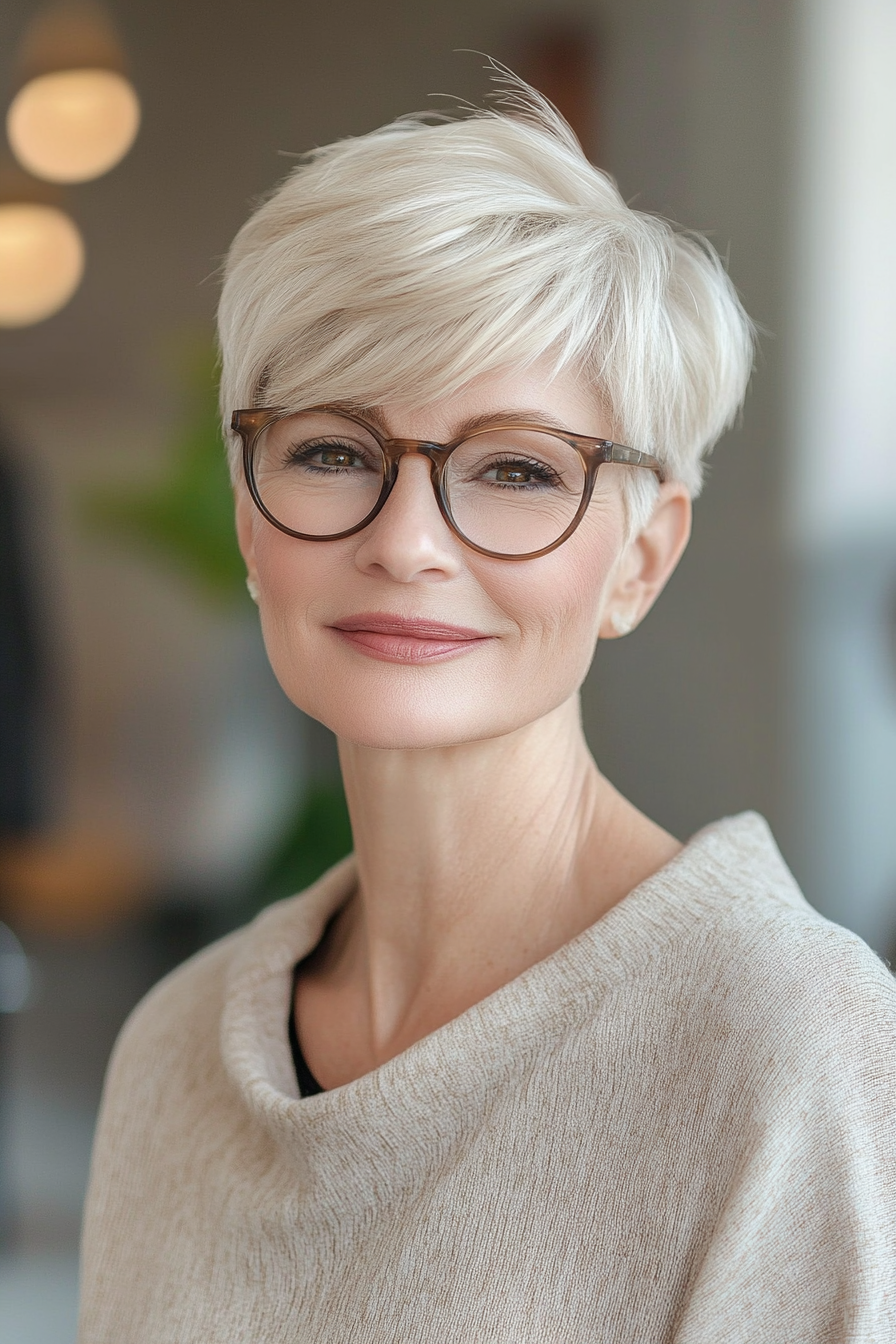 1. Chic Pixie with Soft Layers – Light Blonde (Short Hairstyles For Older Women With Glasses) - Short Hairstyles For Older Women With Glasses