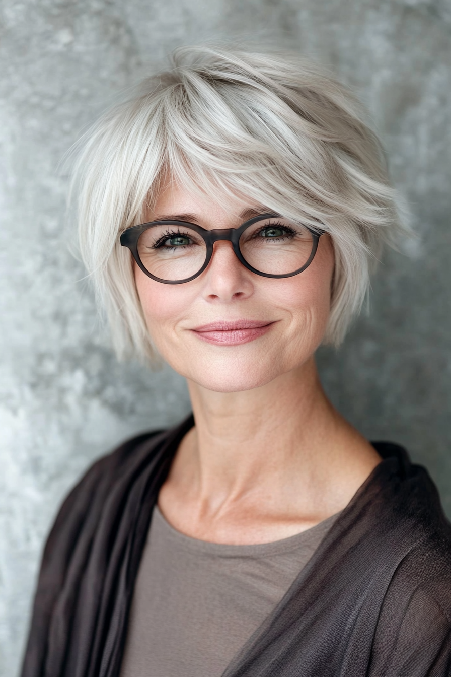 3. Layered Crop with Side-Swept Bangs – Ash Blonde (Short Hairstyles For Older Women With Glasses) - Short Hairstyles For Older Women With Glasses