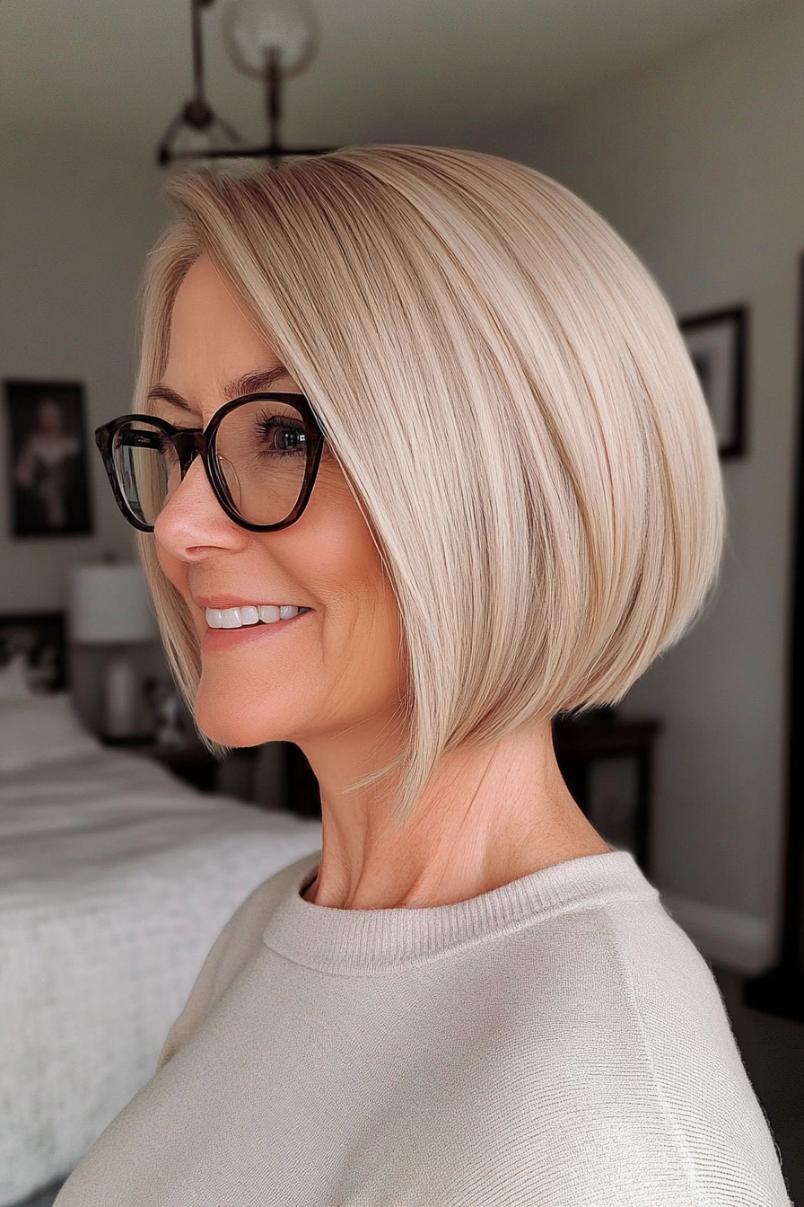 6. Sleek Blunt Bob – Medium Blonde (Short Hairstyles For Older Women With Glasses) - Short Hairstyles For Older Women With Glasses