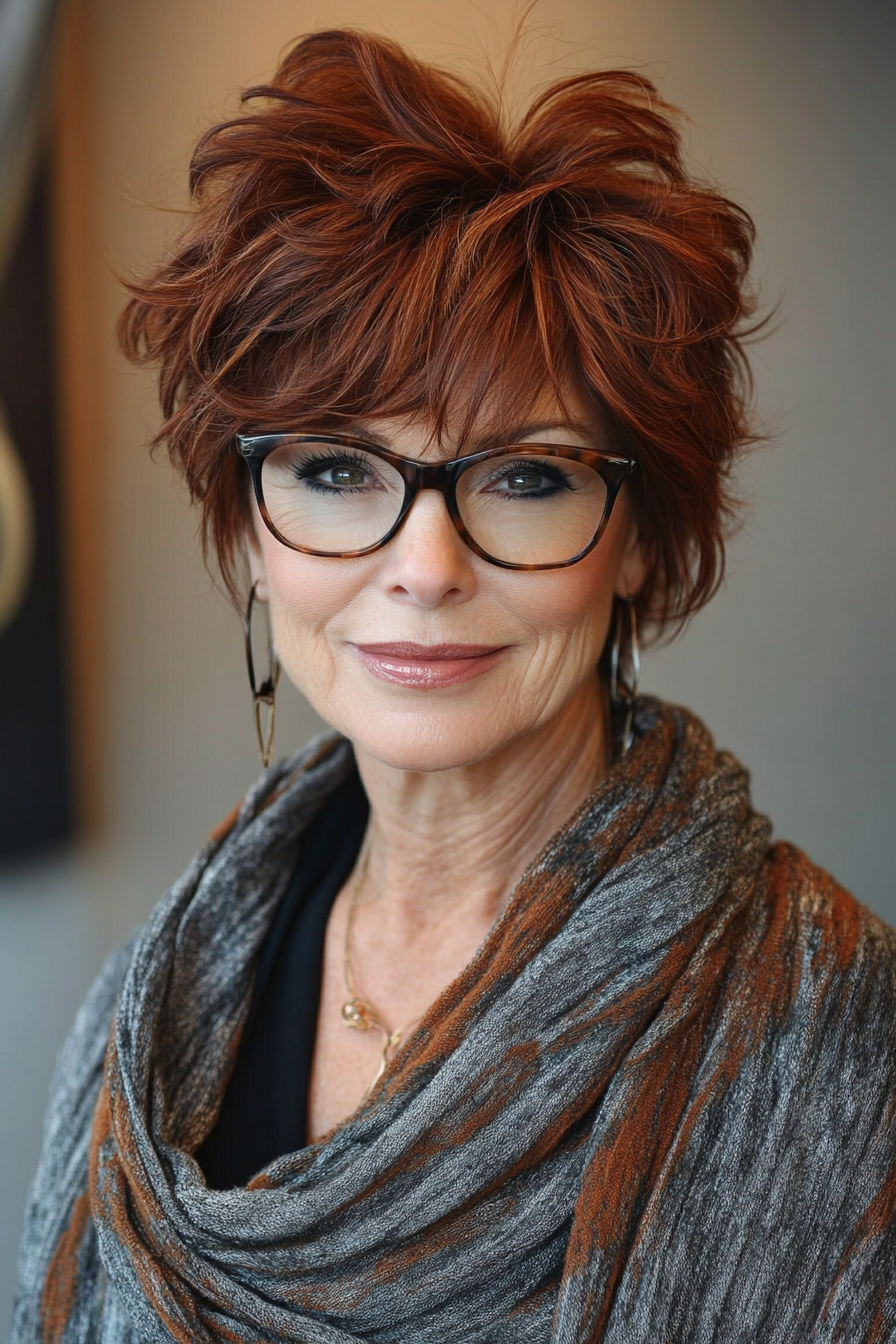 7. Tousled Shag – Dark Auburn (Short Hairstyles For Older Women With Glasses) - Short Hairstyles For Older Women With Glasses