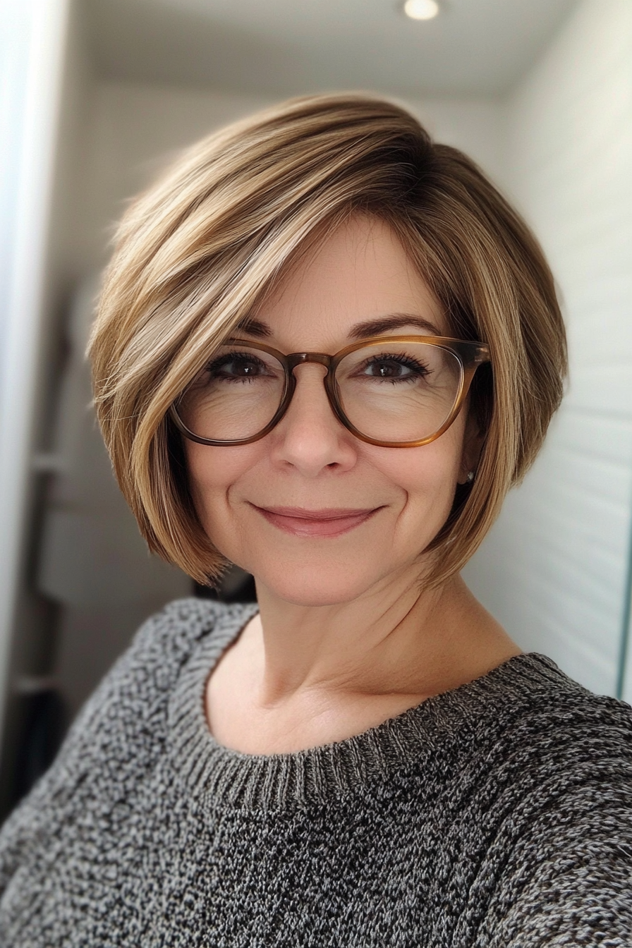 9. Soft Layered Bob with Highlights – Light Brown with Caramel Highlights (Short Hairstyles For Older Women With Glasses) - Short Hairstyles For Older Women With Glasses
