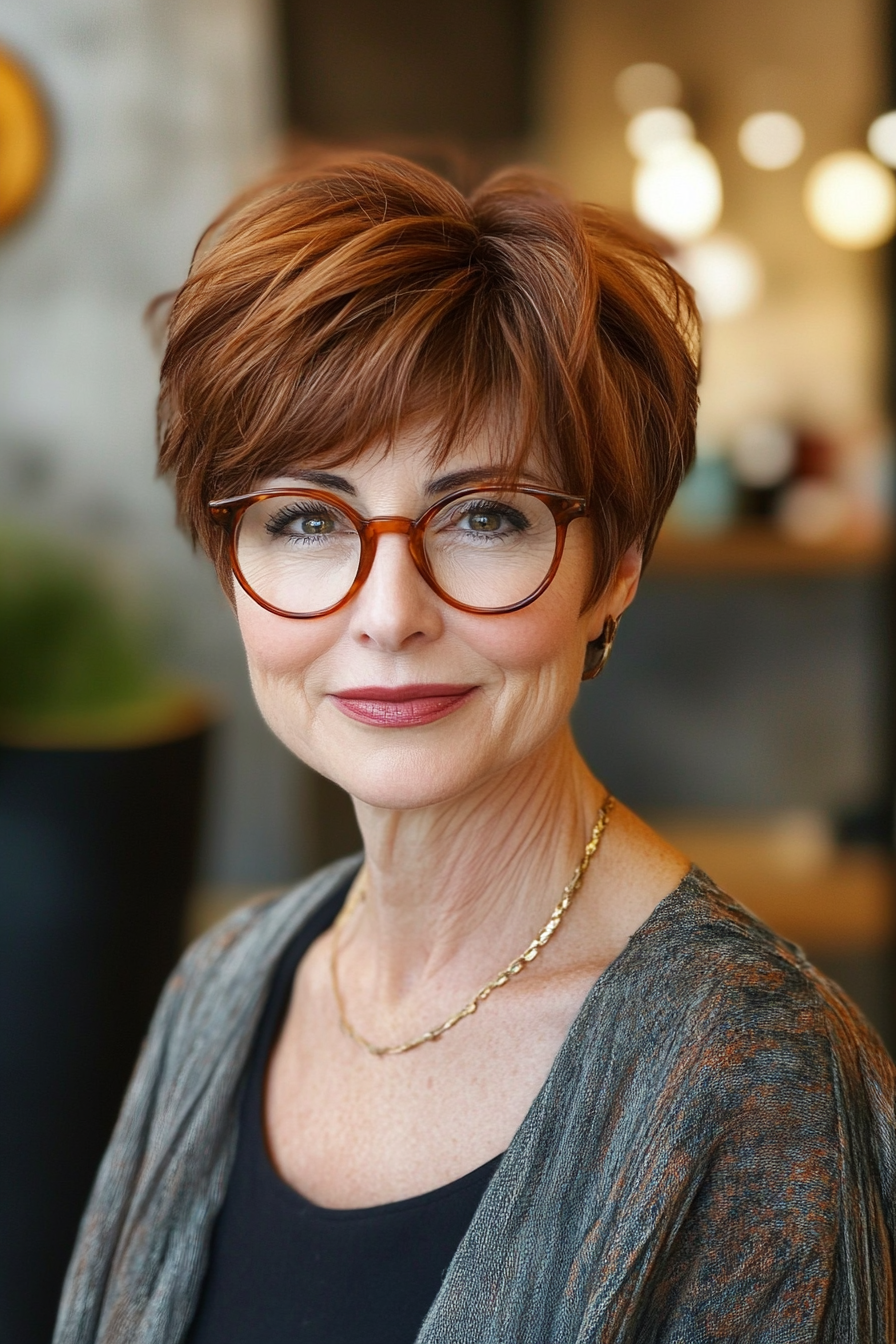 10. Textured Pixie Cut – Warm Chestnut (Short Hairstyles For Older Women With Glasses) - Short Hairstyles For Older Women With Glasses