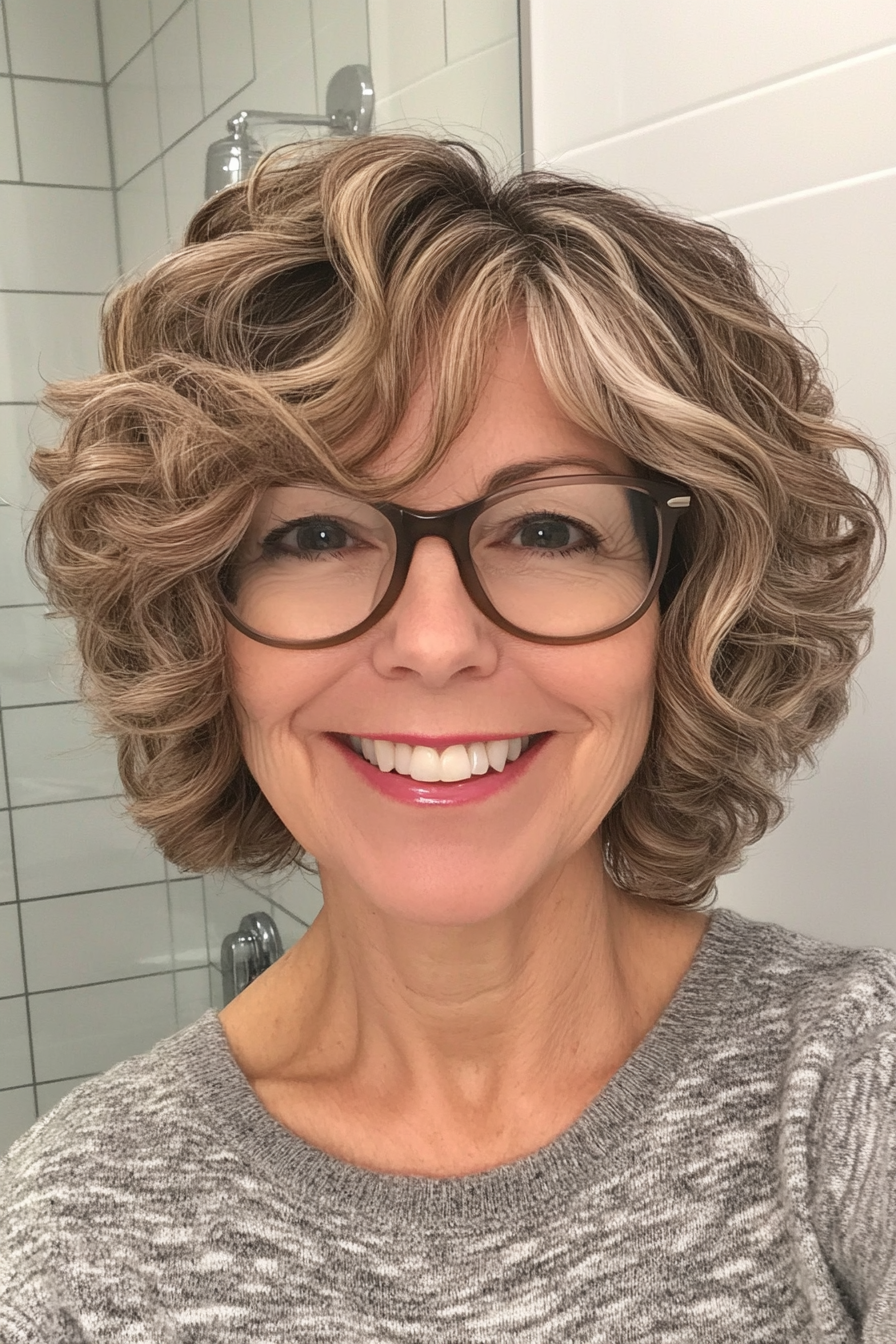 11. Curly Layered Lob – Dark Blonde (Short Hairstyles For Older Women With Glasses) - Short Hairstyles For Older Women With Glasses