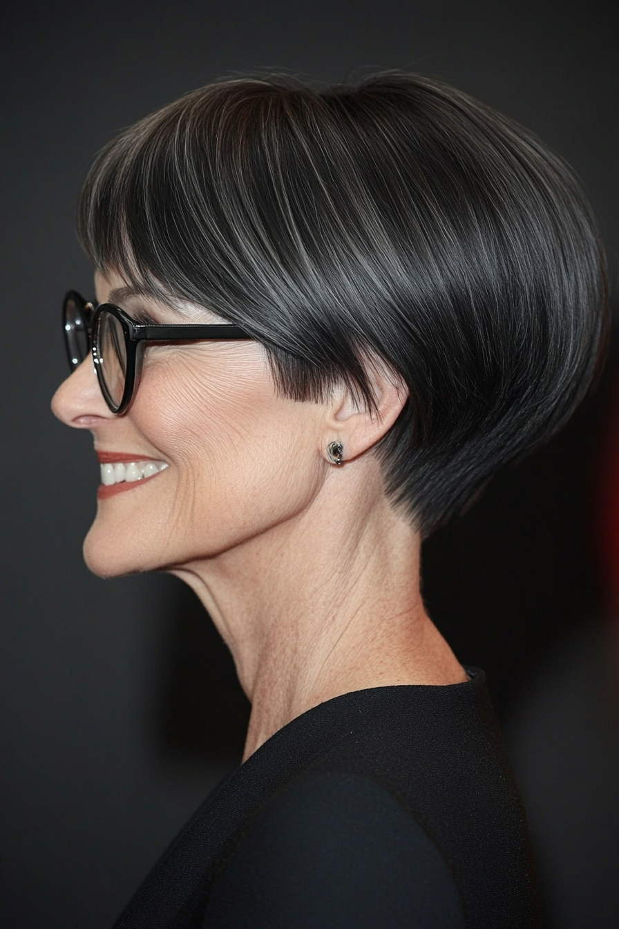 12. Modern Bowl Cut – Black (Short Hairstyles For Older Women With Glasses) - Short Hairstyles For Older Women With Glasses