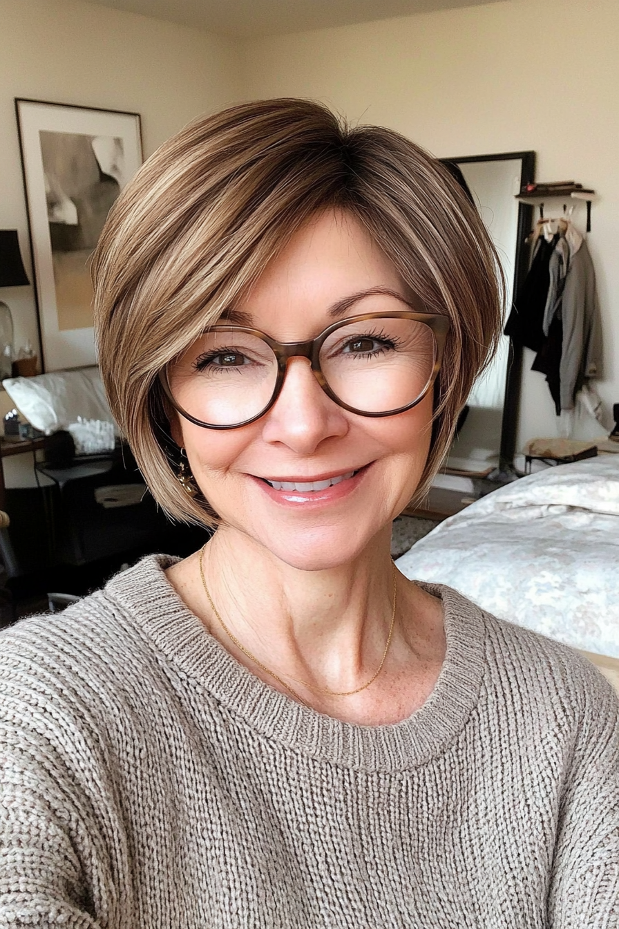 13. Undercut Bob with Voluminous Top – Medium Brown (Short Hairstyles For Older Women With Glasses) - Short Hairstyles For Older Women With Glasses