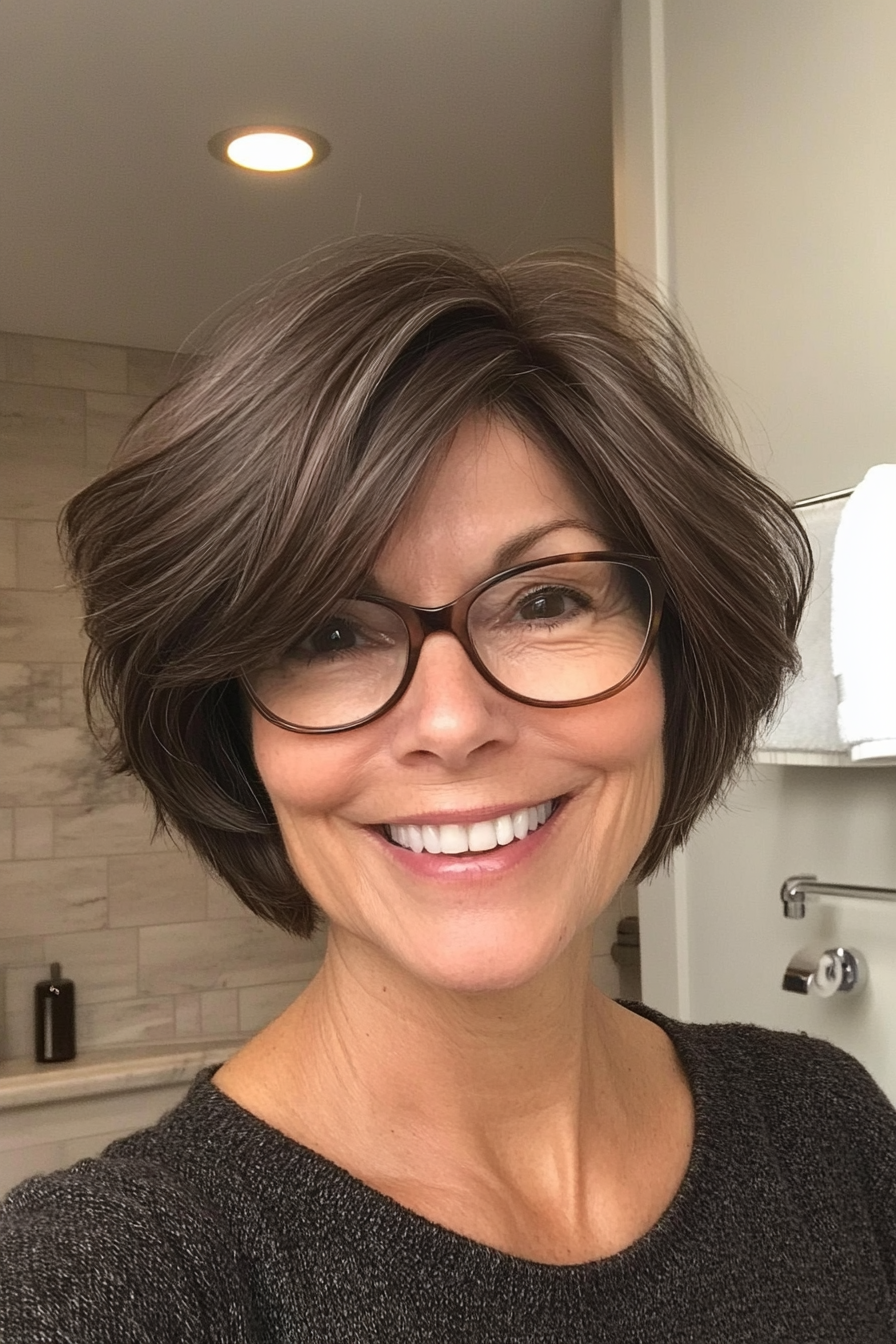 16. Soft Textured Lob – Dark Chocolate (Short Hairstyles For Older Women With Glasses) - Short Hairstyles For Older Women With Glasses