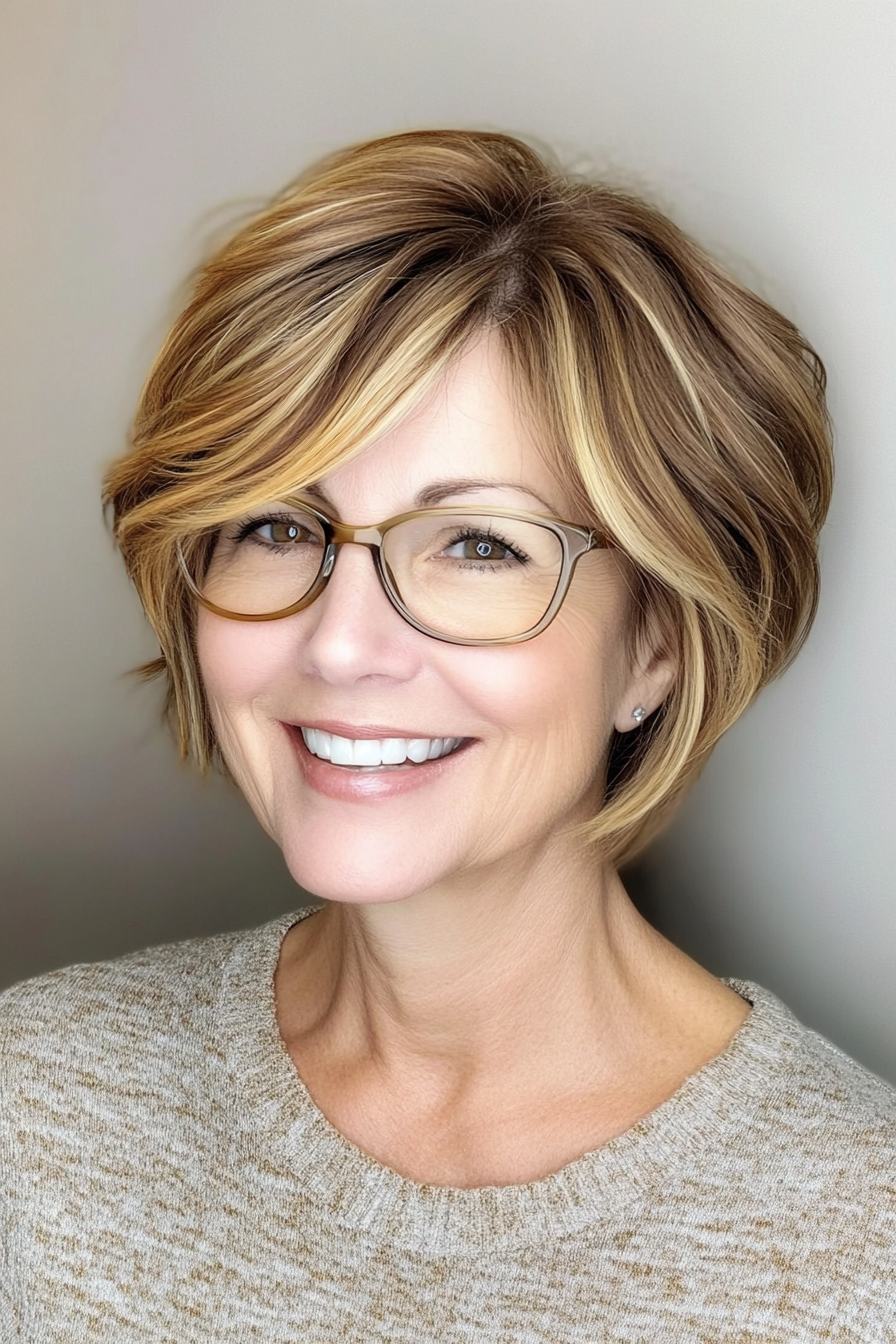 17. Stacked Bob with Highlights – Light Brown with Golden Highlights (Short Hairstyles For Older Women With Glasses) - Short Hairstyles For Older Women With Glasses