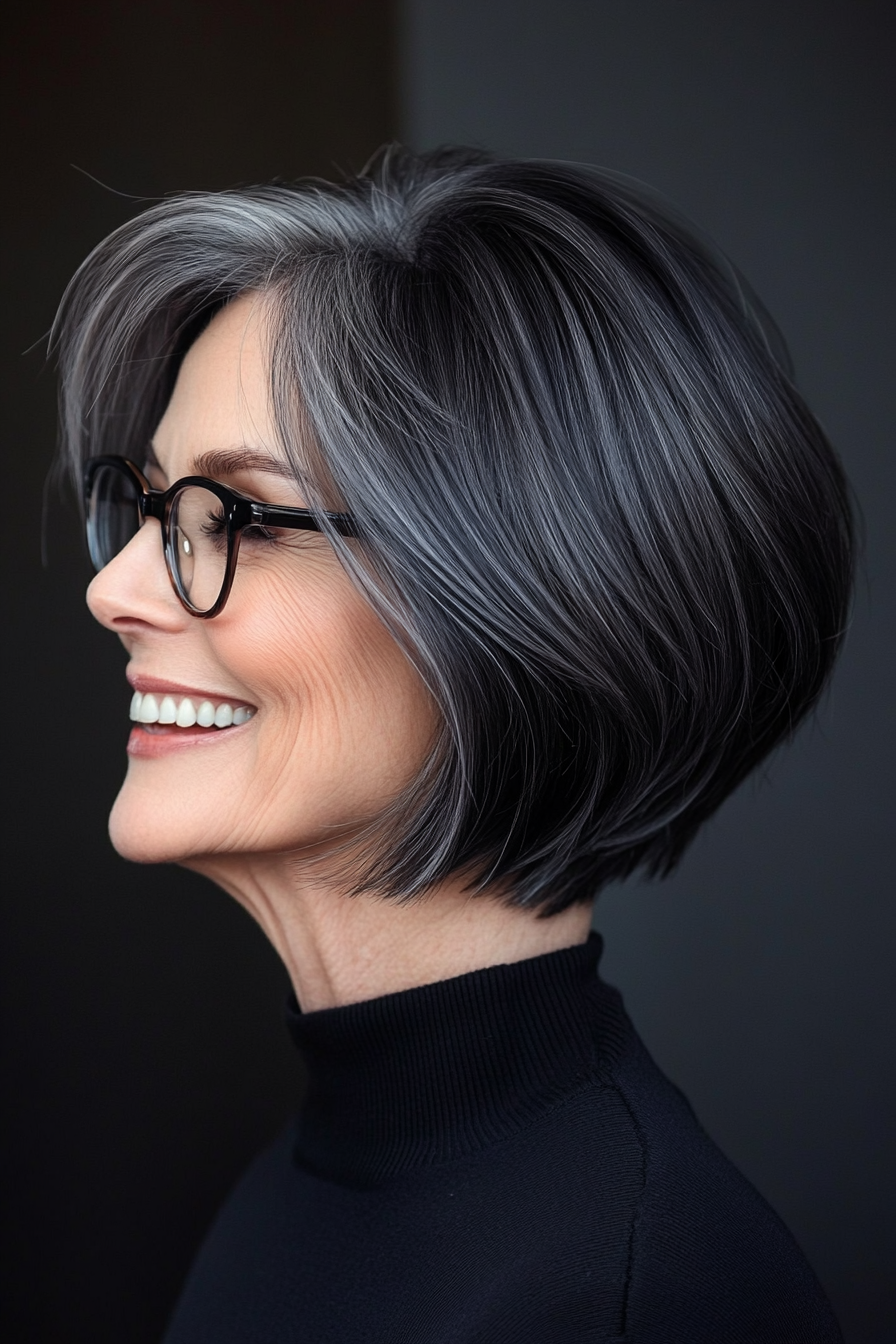 20. Wispy Short Bob – Soft Black (Short Hairstyles For Older Women With Glasses) - Short Hairstyles For Older Women With Glasses