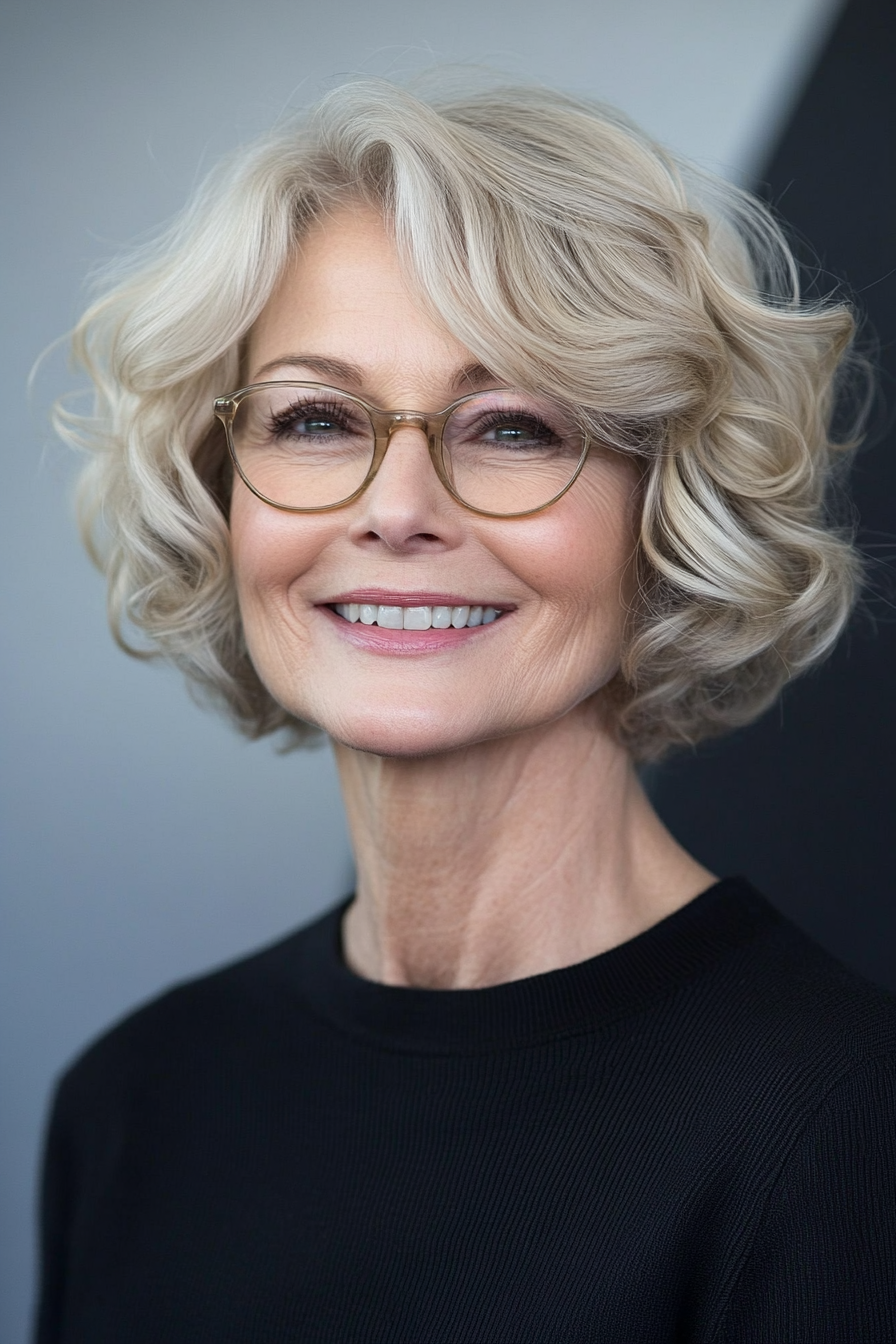 21. Curled Bob with Side Part – Soft Blonde (Short Hairstyles For Older Women With Glasses) - Short Hairstyles For Older Women With Glasses