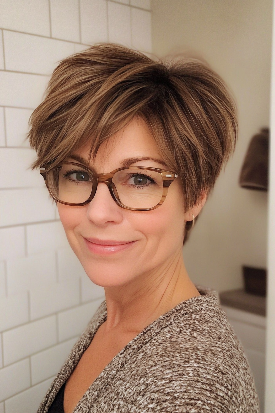22. Pixie with Feathered Layers – Warm Brown (Short Hairstyles For Older Women With Glasses) - Short Hairstyles For Older Women With Glasses