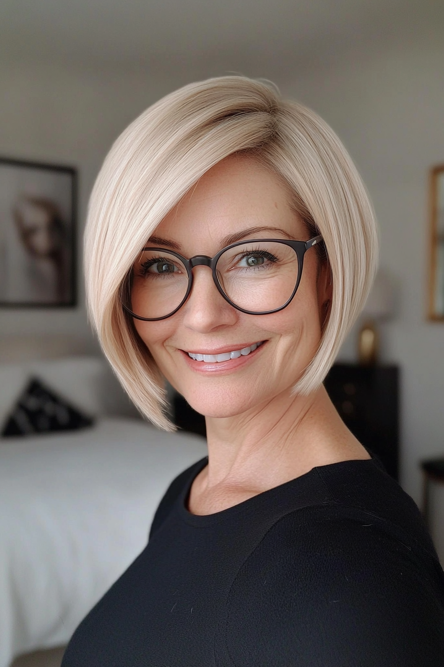 23. Asymmetrical Bob – Cool Blonde (Short Hairstyles For Older Women With Glasses) - Short Hairstyles For Older Women With Glasses